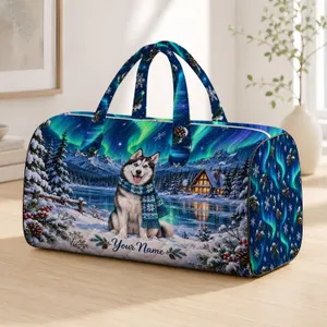 Northern Lights Husky and Snowy Cabin Scene for Cozy Winter Travel Adventures Quilted Weekend Bag
