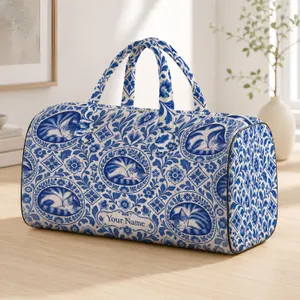Cobalt Sleeping Cat Medallions for Coastal Getaways and Relaxed Beach Weekends Quilted Weekend Bag