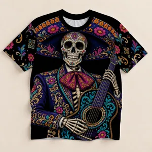 Neon Skeleton Mariachi with Guitar for Day of the Dead Celebrations and Nightlife All-over Print Unisex T-shirt