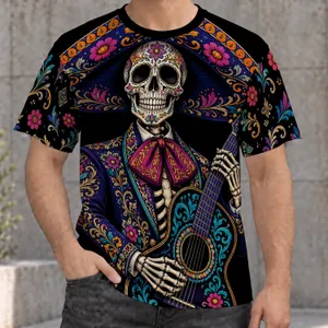 Neon Skeleton Mariachi with Guitar for Day of the Dead Celebrations and Nightlife All-over Print Unisex T-shirt