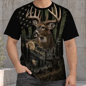Whitetail Buck and Bowhunter American Flag Scene for Rugged Outdoor Hunting Enthusiasts All-over Print Unisex T-shirt