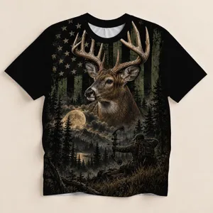 Whitetail Buck and Bowhunter American Flag Scene for Rugged Outdoor Hunting Enthusiasts All-over Print Unisex T-shirt