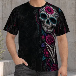 Neon Sugar Skull and Roses for Day of the Dead Celebrations and Gothic Nightlife All-over Print Unisex T-shirt