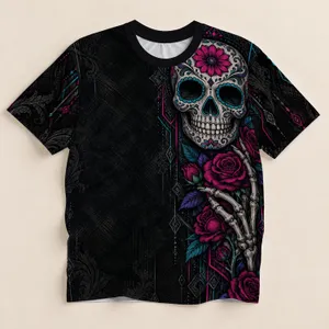 Neon Sugar Skull and Roses for Day of the Dead Celebrations and Gothic Nightlife All-over Print Unisex T-shirt
