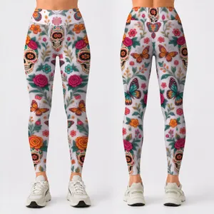 Sugar Skulls Butterflies and Bright Florals for Halloween Festivities and Fall Style Leggings