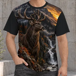 Autumn Deer Waterfall Wilderness for Hiking Camping and Scenic Outdoor Adventures All-over Print Unisex T-shirt