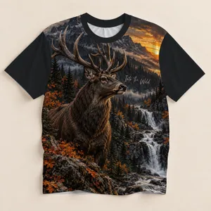 Autumn Deer Waterfall Wilderness for Hiking Camping and Scenic Outdoor Adventures All-over Print Unisex T-shirt