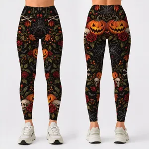 Pumpkin Skull Roses And Bats For Halloween Parties And Spooky Autumn Style Leggings