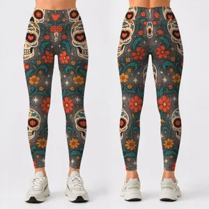 Sugar Skull Folk Art for Halloween Parties and Bohemian Autumn Style Leggings