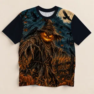 Pumpkin-Head Scarecrow and Crows for Halloween Night and Autumn Trick-or-Treat Fun All-over Print Unisex T-shirt
