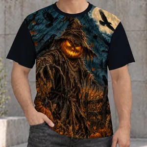 Pumpkin-Head Scarecrow and Crows for Halloween Night and Autumn Trick-or-Treat Fun All-over Print Unisex T-shirt
