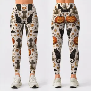 Jack-o'-Lanterns, Black Cats and Cross Tombstones for Halloween Night Celebrations Leggings