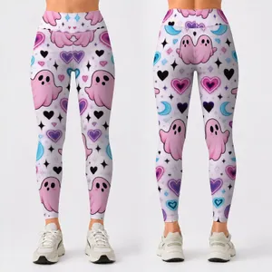 Pink Ghosts and Neon Hearts for Halloween Parties and Spooky Season Fun Leggings