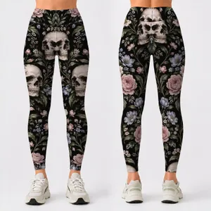 Floral Skull Blooms for Halloween Celebrations and Gothic Autumn Style Leggings