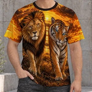 Lion and Tiger at Golden Dusk for Wildlife Lovers and Relaxed Everyday Adventures All-over Print Unisex T-shirt