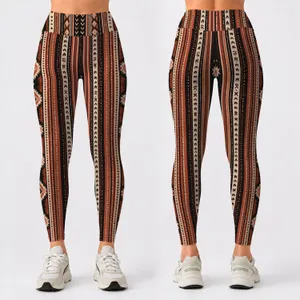 Vintage Bohemian Black And Rust Stripe Motifs For Everyday Casual And Studio Wear Leggings