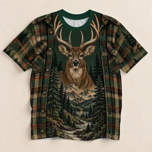 Deer Forest Plaid Hunting Scene for Camping Hiking and Rustic Outdoor Adventures All-over Print Unisex T-shirt