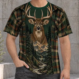 Deer Forest Plaid Hunting Scene for Camping Hiking and Rustic Outdoor Adventures All-over Print Unisex T-shirt
