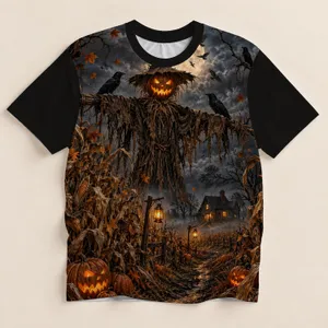 Pumpkin Scarecrow Crow Cornfield Scene for Halloween Night Celebrations All-over Print Unisex T-shirt