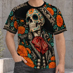 Day of the Dead Skeleton Musician with Floral Sombrero for Fiesta and Holiday Celebrations All-over Print Unisex T-shirt