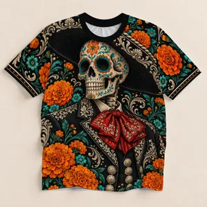 Day of the Dead Skeleton Musician with Floral Sombrero for Fiesta and Holiday Celebrations All-over Print Unisex T-shirt