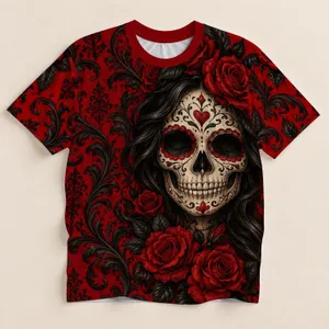 Crimson Sugar Skull and Roses for Day of the Dead Halloween Celebrations All-over Print Unisex T-shirt