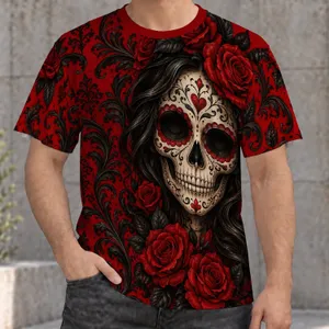 Crimson Sugar Skull and Roses for Day of the Dead Halloween Celebrations All-over Print Unisex T-shirt