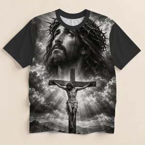 Monochrome Christ Portrait and Crucifixion Scene for Christian Faith and Worship All-over Print Unisex T-shirt