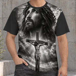 Monochrome Christ Portrait and Crucifixion Scene for Christian Faith and Worship All-over Print Unisex T-shirt