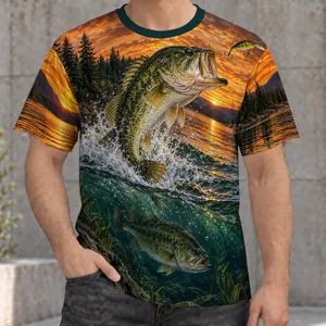 Leaping Bass at Sunset for Lakeside Fishing and Outdoor Adventure Trips All-over Print Unisex T-shirt