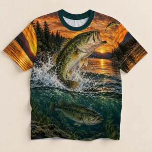 Leaping Bass at Sunset for Lakeside Fishing and Outdoor Adventure Trips All-over Print Unisex T-shirt
