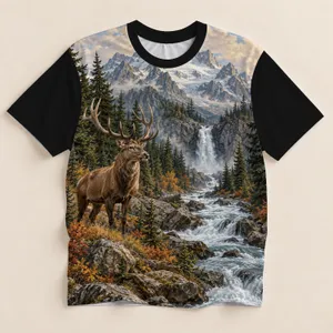 Deer Waterfall Mountain Scenery for Hiking, Camping and Outdoor Adventures All-over Print Unisex T-shirt