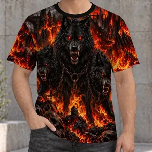 Hellfire Three-Wolf Scene for Halloween Hiking and Hunting Outdoor Enthusiasts All-over Print Unisex T-shirt