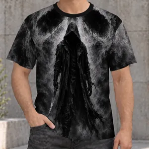 Monochrome Hooded Horror Figure for Halloween Parties and Dark Streetwear Fans All-over Print Unisex T-shirt