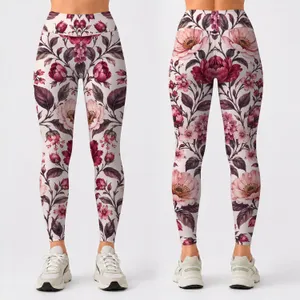 Burgundy And Rose Garden Florals For Weekend Outings And Everyday Style For Women Leggings