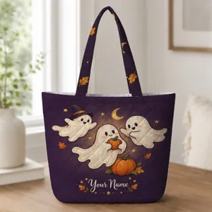 Ghosts and Pumpkins for Halloween Trick-or-Treating, Fall Festivals and Cozy Autumn Days Quilted Tote Bag