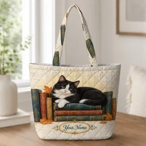 Black And White Cat Curled Among Vintage Books For Cozy Library Readers And Book Lovers Quilted Tote Bag