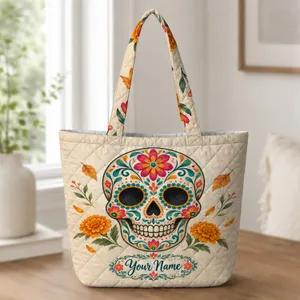 Sugar Skull Marigolds for Day of the Dead Celebrations and Autumn Outings Quilted Tote Bag