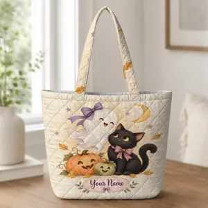 Pastel Ghosts And Black Cats For Spooky Season Parties And Halloween Gift Giving Quilted Tote Bag