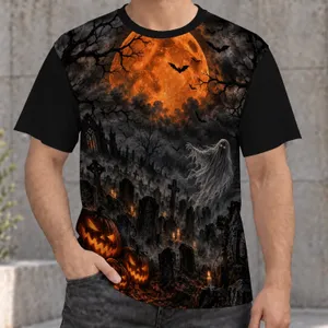 Halloween Haunted Cemetery Moonlit Night Scene for Autumn Parties and Gothic Style Lovers All-over Print Unisex T-shirt