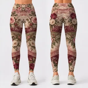 Vintage Rose And Moss Green Floral Stripes For Romantic Spring Getaways Leggings