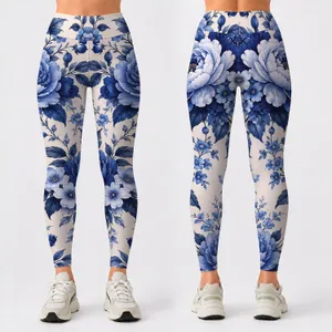 Blue and Ivory Peony Blooms for Everyday Style and Relaxed Weekend Outings for Women Leggings