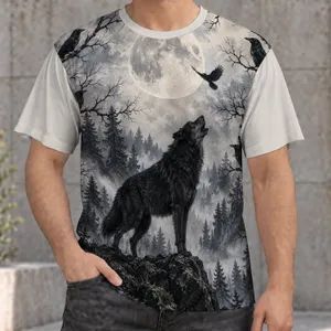 Howling Wolf, Raven and Full Moon Woodland Scene for Gothic Night Nature Lovers All-over Print Unisex T-shirt
