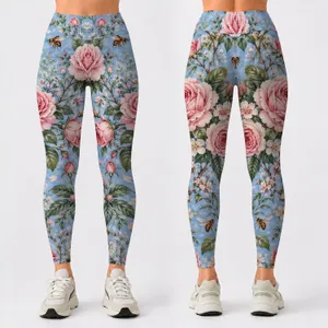Vintage Pink Roses and Honeybees for Romantic Cottagecore Weekend and Everyday Style Leggings