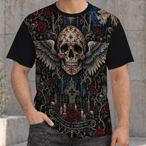 Gothic Winged Skull and Crimson Roses for Halloween and Dark Romantic Style All-over Print Unisex T-shirt