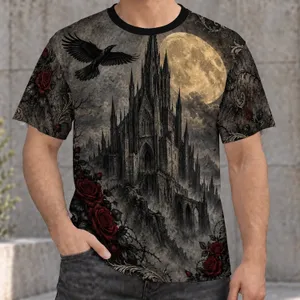 Gothic Castle Moon Raven and Crimson Roses for Dark Romantic Nightwear All-over Print Unisex T-shirt