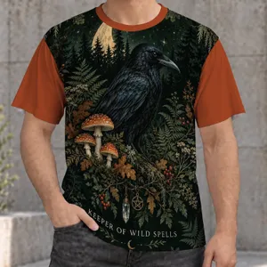 Raven Moon Mushroom Woodland Art for Halloween Nights and Bohemian Autumn Style All-over Print Unisex T-shirt