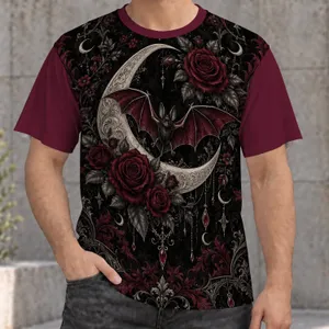 Gothic Bat Crescent Moon and Burgundy Roses for Halloween Night, Dark Romantic Style All-over Print Unisex T-shirt