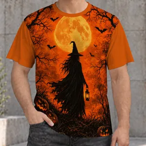 Lantern Witch Beneath a Harvest Moon for Halloween Night Celebrations and Autumn Gatherings All-over Print Unisex T-shirt