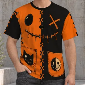 Patchwork Halloween Scarecrow Face and Cat Pockets for Spooky Party Cosplay Wear All-over Print Unisex T-shirt